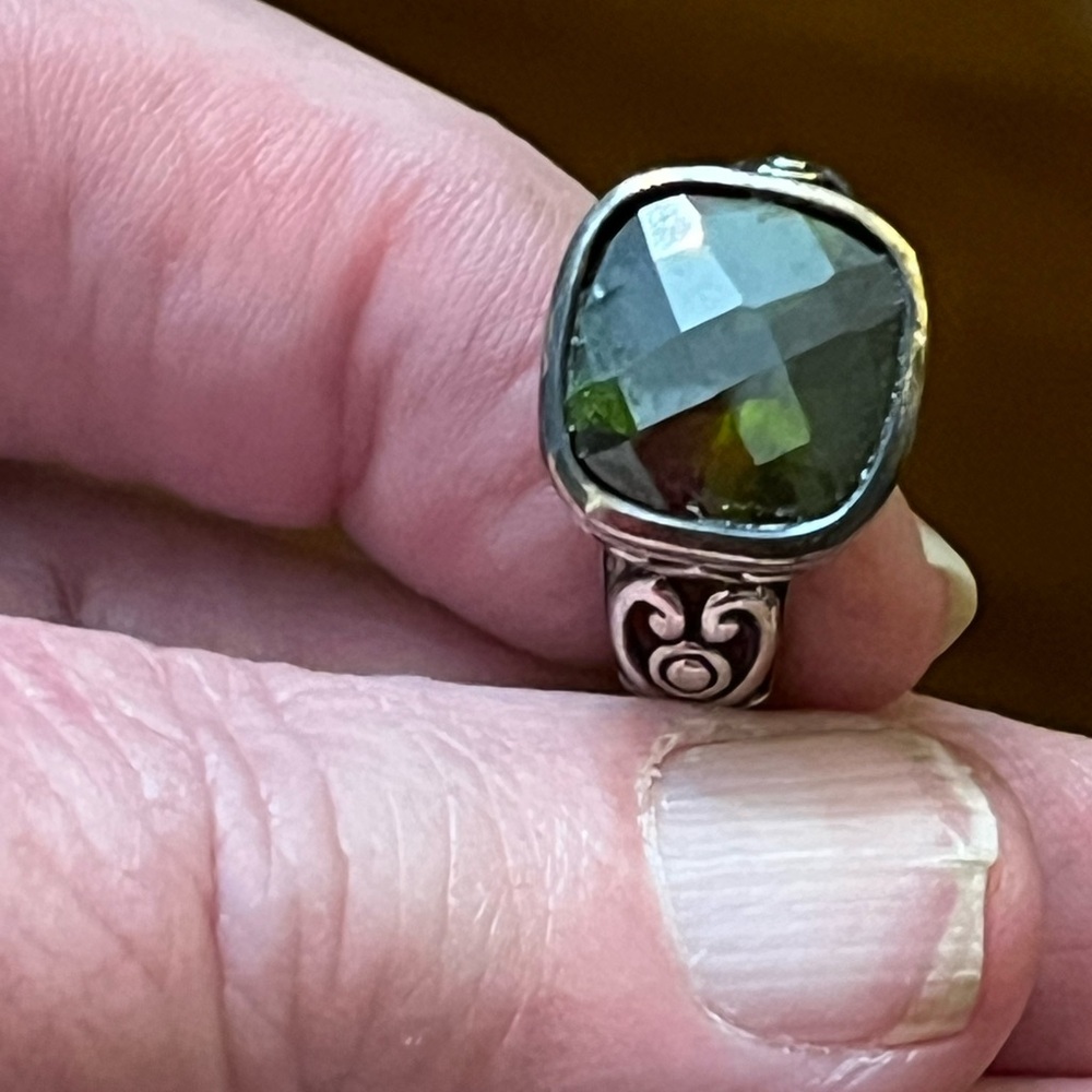 Sterling silver cushion cut dark green tourmaline ring